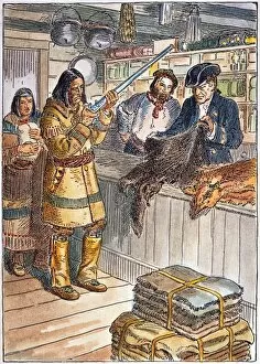 Thirteen Colonies Collection: FRONTIER TRADING POST, 1785. A Native American trading fur for guns at a frontier trading post