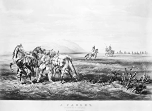 FRONTIERSMEN, 1866. A Parley. Prepared for an Emergency'. Lithograph, 1866, by Currier FRONTIERSMEN, 1866. A Parley. Prepared for an Emergency'. Lithograph, 1866, by Currier