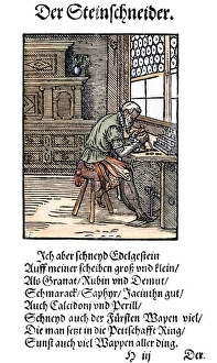 GEM CUTTER, 1568. Woodcut, 1568, by Jost Amman GEM CUTTER, 1568. Woodcut, 1568, by Jost Amman