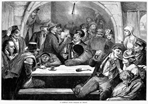A German beer cellar at night. Wood engraving, 1875 A German beer cellar at night. Wood engraving, 1875