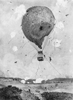 German infantry and artillery shooting a hot air balloon during a drill. Illustration, English, 1898