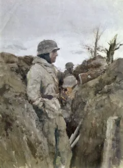 A German soldier in a trench on the Eastern Front during World War II. Painting by A A German soldier in a trench on the Eastern Front during World War II. Painting by A