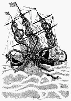 Sailing Gallery: GIANT OCTOPUS. A giant octopus attacking a vessel. Line engraving, French
