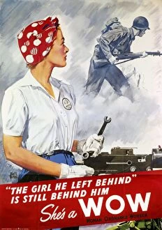The Girl He Left Behind Is Still Behind Him. American World War II recruitment poster for women ordnance workers