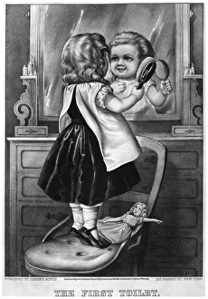 GIRL AND MIRROR, 1873. The First Toilet. American lithograph by Currier and Ives GIRL AND MIRROR, 1873. The First Toilet. American lithograph by Currier and Ives