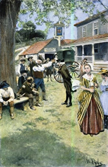GIRLS IN COLONIAL AMERICA listening to an outdoor political discussion. Illustration GIRLS IN COLONIAL AMERICA listening to an outdoor political discussion. Illustration