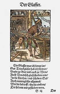 GLAZIER, 1568. Woodcut, 1568, by Jost Amman GLAZIER, 1568. Woodcut, 1568, by Jost Amman