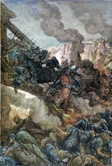 GODFREY OF BOUILLON at the storming of Jerusalem on July 15, 1099: colored engraving after Gustave Dor GODFREY OF BOUILLON at the storming of Jerusalem on July 15, 1099: colored engraving after Gustave Dor