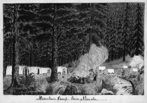 GOLD RUSH, 1859. A campsite in the forest of the Sierra Nevada Mountains where GOLD RUSH, 1859. A campsite in the forest of the Sierra Nevada Mountains where
