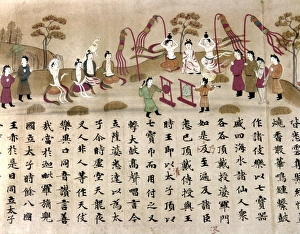 A gong is struck at the birth of the Buddha to erase evil desires. Japanese silk painting A gong is struck at the birth of the Buddha to erase evil desires. Japanese silk painting