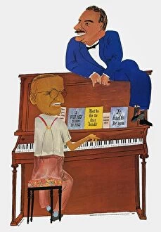 A GOOD MAN IS HARD TO FIND. Lithograph poster, 1948, by Ben Shahn for the Progressive Party, satirizing the popular 1945 photograph of Harry Truman playing a piano adorned by actress Lauren Bacall; here President Truman, the Democratic presidential candidate, is accompanied by Republican candidate Thomas E. Dewey