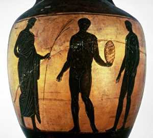 GREEK OLYMPIAN. Crowning a victor in the Olympic Games. Attic black figured vase, 6th century B GREEK OLYMPIAN. Crowning a victor in the Olympic Games. Attic black figured vase, 6th century B