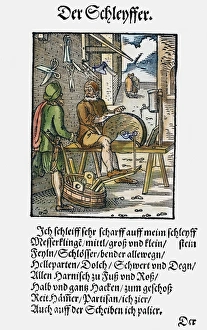 GRINDER, 1568. Woodcut, 1568, by Jost Amman GRINDER, 1568. Woodcut, 1568, by Jost Amman
