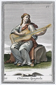 GUITAR, 1723. The Spanish guitar. Copper engraving, 1723, by Arnold van Westerhout GUITAR, 1723. The Spanish guitar. Copper engraving, 1723, by Arnold van Westerhout