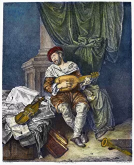 Bega Gallery: GUITAR PLAYER. Line engraving, French, 18th century, after a painting by Cornelis Bega (1620-1664)
