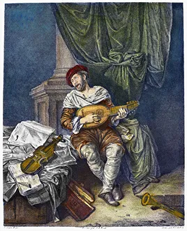 GUITAR PLAYER. Line engraving, French, 18th century, after a painting by Cornelis Bega GUITAR PLAYER. Line engraving, French, 18th century, after a painting by Cornelis Bega
