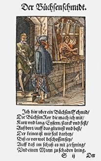 GUNSMITH, 1568. Woodcut, 1568, by Jost Amman GUNSMITH, 1568. Woodcut, 1568, by Jost Amman