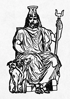 HADES. Hades (Pluto), Greek god of the underworld, guarded by Cerberus, his three-headed serpent-tailed dog HADES. Hades (Pluto), Greek god of the underworld, guarded by Cerberus, his three-headed serpent-tailed dog