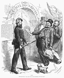 Halt! President Rutherford B. Hayes bars influence peddlers from entering U.S. Civil Service. American cartoon by C.S