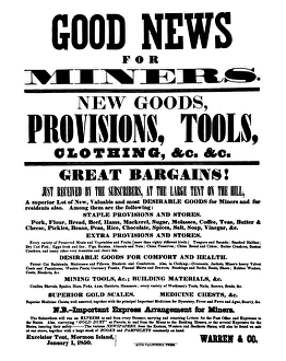 HANDBILL: MINING GOODS, 1850. Handbill advertising goods, provisions, tools, clothing, etc HANDBILL: MINING GOODS, 1850. Handbill advertising goods, provisions, tools, clothing, etc
