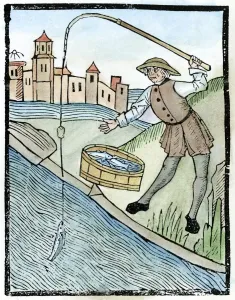 Prints of ANGLER, 1496. Woodcut from Dame Juliana Barnes Treatise of Fishing with an Angle, included in the Book of St. Albans, printed by Wynkyn de Worde at Westminster, 1496 St Albans Prints: Handcolored Woodcut Print of Angler from 1496