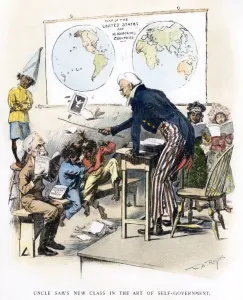 Print of Uncle Sam correcting the Philippines and Cuba