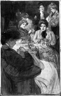 HARDING: SEWING CIRCLE. Women at a sewing circle. Charcoal drawing by Charlotte Harding HARDING: SEWING CIRCLE. Women at a sewing circle. Charcoal drawing by Charlotte Harding