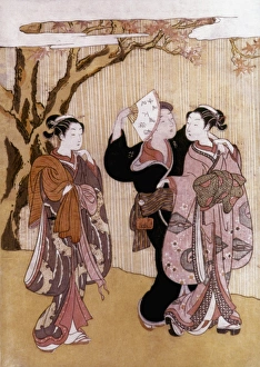 HARUNOBU: WATERFALL. Flirting at the Waterfall. Japanese color woodcut by Suzuki Harunobu HARUNOBU: WATERFALL. Flirting at the Waterfall. Japanese color woodcut by Suzuki Harunobu