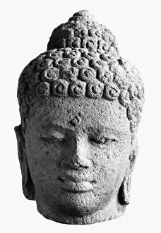 Head of Buddha. Javanese sculpture made from volcanic rock, Sailendra Dynasty, 9th century A.D