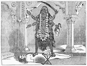 HINDU GODDESS: KALI. The Hindu goddess Kali, shown holding a bloody sword