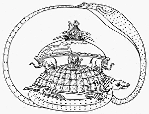 HINDU UNIVERSE. Hindu cosmogram depicting the tortoise, Akupara, supporting the HINDU UNIVERSE. Hindu cosmogram depicting the tortoise, Akupara, supporting the