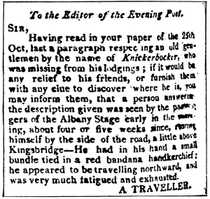 HISTORY OF NEW YORK, 1809. Publishers announcement. from New York Evening Post HISTORY OF NEW YORK, 1809. Publishers announcement. from New York Evening Post