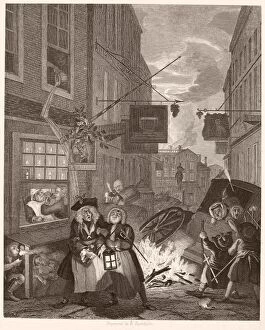 Daily Life Gallery: HOGARTH: FOUR TIMES OF DAY. Night. Steel engraving after the original, 1738, by William Hogarth