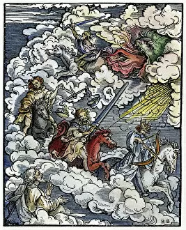 Celestial Gallery: FOUR HORSEMEN. The Four Horsemen of the Apocalypse. Color woodcut, German, 1523