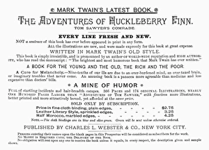 HUCKLEBERRY FINN, 1885. Advertisement for the first American edition, January 1885 HUCKLEBERRY FINN, 1885. Advertisement for the first American edition, January 1885