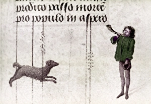 HUNTER, 15th CENTURY. A huntsman blowing a horn, with a dog HUNTER, 15th CENTURY. A huntsman blowing a horn, with a dog