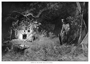 HUNTERS CAMP, 1890. Two hunters camping in the woods. Engraving, American, 1890 HUNTERS CAMP, 1890. Two hunters camping in the woods. Engraving, American, 1890