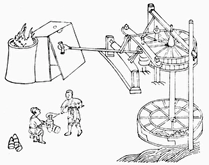Hydraulic machine used to power a foundray furnace. Sketch after a Chinese work of 1313 Hydraulic machine used to power a foundray furnace. Sketch after a Chinese work of 1313