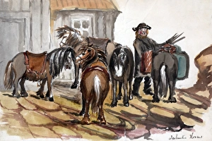 ICELAND, 1862. A man tending Icelandic horses in Iceland. Drawing by Bayard Taylor ICELAND, 1862. A man tending Icelandic horses in Iceland. Drawing by Bayard Taylor