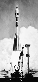 Illustration of a Soyuz rocket launching from the Baikonur launch complex near the Aral Illustration of a Soyuz rocket launching from the Baikonur launch complex near the Aral