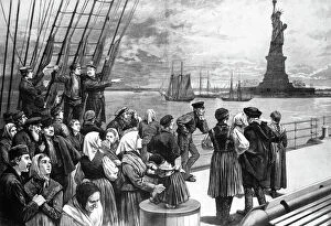 Immigrant Gallery: IMMIGRANTS ON SHIP, 1887. Immigrants on the steerage deck of an ocean steamer passing the Statue of Liberty in New York Harbor