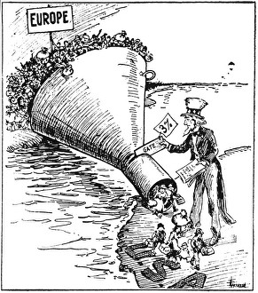 IMMIGRATION CARTOON, 1921.
The Only Way to Handle It. Contemporary cartoon on the effectiveness of the temporary Immigration Act of 1921 in reducing the flood of immigrants to the United States to a mere trickle IMMIGRATION CARTOON, 1921. The Only Way to Handle It