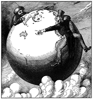IMPERIALISM CARTOON, 1876. The Two Young Giants, Ivan and Jonathan, Reaching for Asia by Opposite Routes': American cartoon, 1876, by Frank Bellew occasioned by the United States signing a commercial pact with Hawaii and Russias expansion into China IMPERIALISM CARTOON, 1876. The Two Young Giants, Ivan and Jonathan, Reaching for Asia by Opposite Routes': American cartoon, 1876, by Frank Bellew occasioned by the United States signing a commercial pact with Hawaii and Russias expansion into China