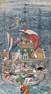 Images Dated 15th October 2008: Detail of an Indian Mughal painting, c1590, depicting Noahs Ark threatened
