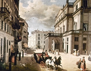 ITALY: TEATRO ALLA SCALA. Milan. Oil on canvas, 19th century, by Angelo Inganni ITALY: TEATRO ALLA SCALA. Milan. Oil on canvas, 19th century, by Angelo Inganni