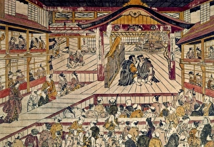 JAPAN: KABUKI THEATER. Drama about a vendetta. Wood block print, early 18th century, by Okumura Masanobu JAPAN: KABUKI THEATER. Drama about a vendetta. Wood block print, early 18th century, by Okumura Masanobu