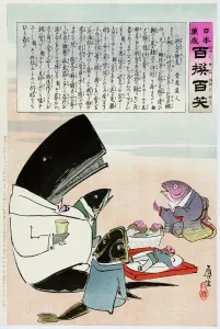 Prints of RUSSO-JAPANESE WAR, c1905. A whale and three fish (representing Japan) eating Russian sailors for dinner. Woodcut, c1905, by Kiyochika Kobayashi Russia Prints: A whale and three fish devour Russian sailors in a woodcut print