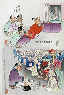 A Japanese cartoon comprising two illustrations depicting Chinese religious practices A Japanese cartoon comprising two illustrations depicting Chinese religious practices