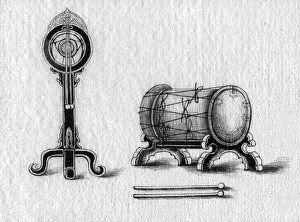 Japanese tsuri-daiko (hanging drum) and taiko (drum). Ink drawing, Japanese, 1878 Japanese tsuri-daiko (hanging drum) and taiko (drum). Ink drawing, Japanese, 1878