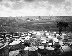 JERUSALEM: JEWISH TOMBS. Jewish tombs on a hill in Kidron, overlooking Jerusalem JERUSALEM: JEWISH TOMBS. Jewish tombs on a hill in Kidron, overlooking Jerusalem